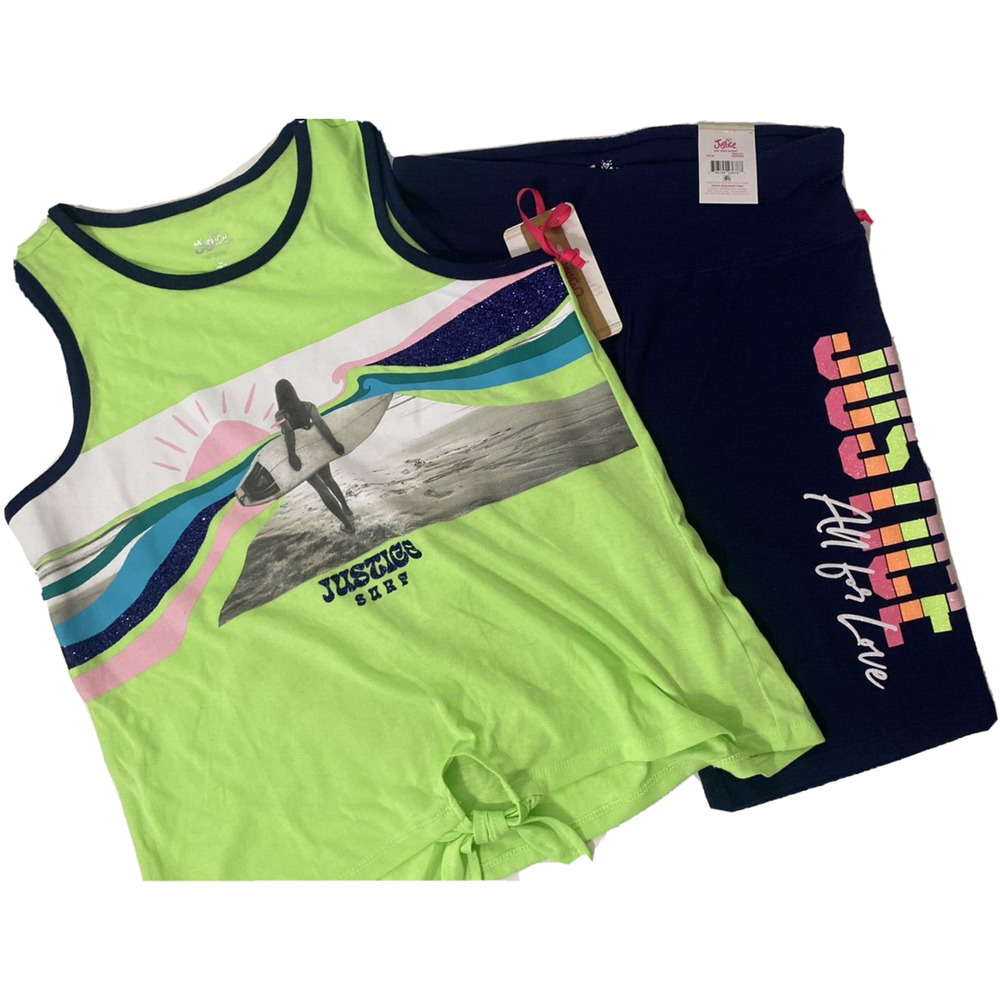 NWT Girls Sz XL 14/16 Justice Tank Biker Short Set Beach Surf Gym Glitter Dance